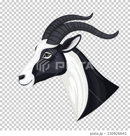 A stylized illustration of goat head with curved horns and black and white color scheme, showcasing calm expression. design is simple and elegant, highlighting animal features 130926641