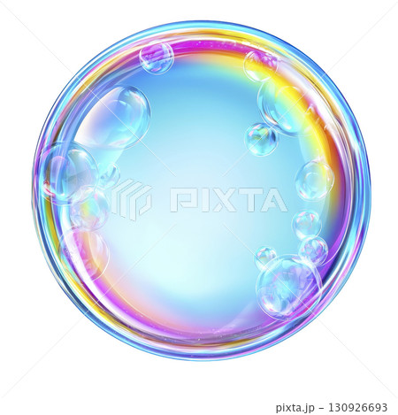 A vibrant, iridescent soap bubble with rainbow sheen floats against clear background, showcasing its delicate and translucent nature 130926693