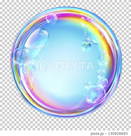 A vibrant, iridescent soap bubble with rainbow sheen floats against clear background, showcasing its delicate and translucent nature 130926693