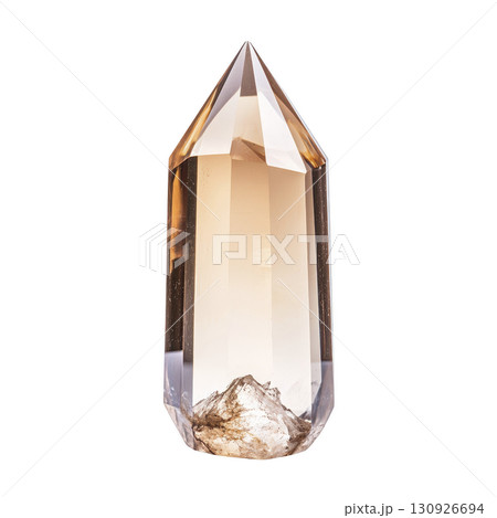 A polished, transparent crystal with pointed top and earthy inclusions, showcasing warm amber hue, stands elegantly against transparency background 130926694