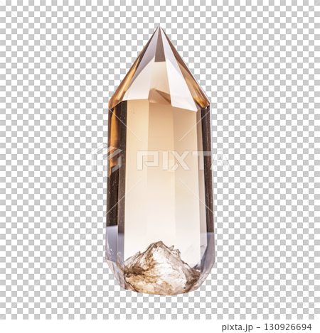 A polished, transparent crystal with pointed top and earthy inclusions, showcasing warm amber hue, stands elegantly against transparency background 130926694