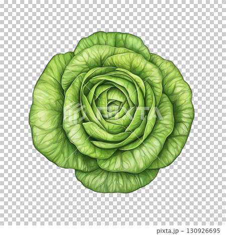 A vibrant green cabbage with layered leaves forms symmetrical, circular pattern, showcasing its fresh and crisp texture. detailed illustration highlights natural beauty of vegetable 130926695