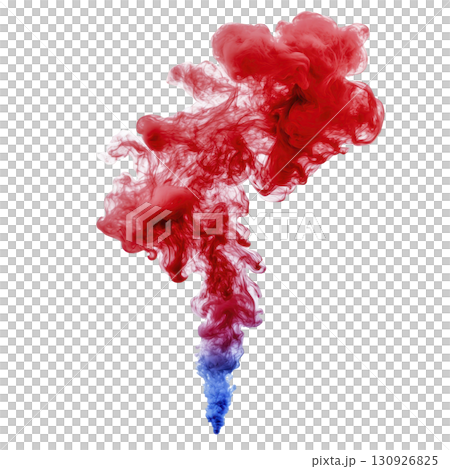 vibrant cloud of red and blue ink swirls gracefully in water, creating mesmerizing abstract pattern. colors blend seamlessly, forming intricate shapes and textures 130926825