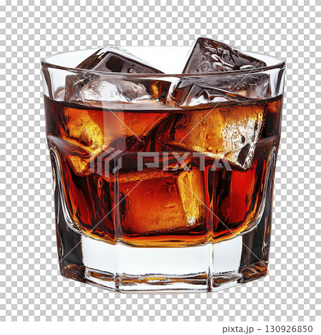 glass of whiskey on rocks, with large ice cubes, showcases rich amber color, creating classic and inviting appearance. drink is served in clear, faceted glass, enhancing its elegance glass of whiskey on rocks, with large ice cubes, showcases rich amber color, creating classic and inviting appearance. drink is served in clear, faceted glass, enhancing its elegance 130926850