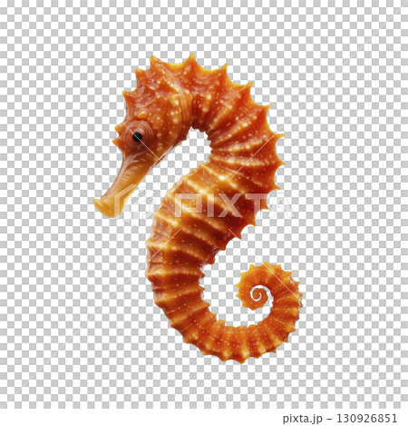 vibrant orange seahorse with intricate textures and patterns is depicted against transparency background, showcasing its unique curled tail and spiky body vibrant orange seahorse with intricate textures and patterns is depicted against transparency background, showcasing its unique curled tail and spiky body 130926851