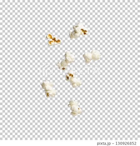Fluffy popped popcorn kernels scattered on transparency background, showcasing their light and airy texture. Perfect for snack or movie night 130926852