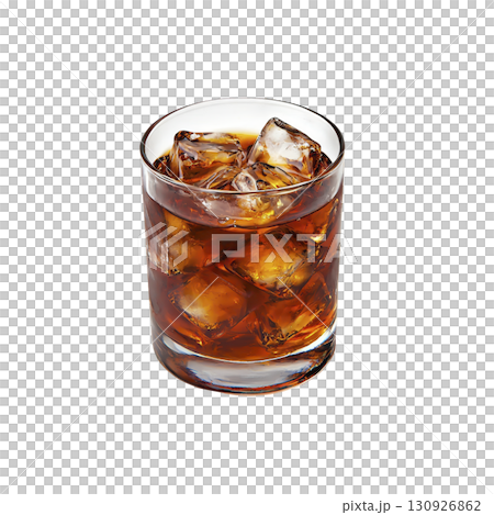 glass of dark, refreshing iced beverage with large ice cubes, perfect for cool drink. transparent glass showcases rich color of liquid, creating tempting visual glass of dark, refreshing iced beverage with large ice cubes, perfect for cool drink. transparent glass showcases rich color of liquid, creating tempting visual 130926862