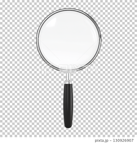 magnifying glass with black handle and silver frame is shown against transparency background, highlighting its simplicity and functionality 130926907