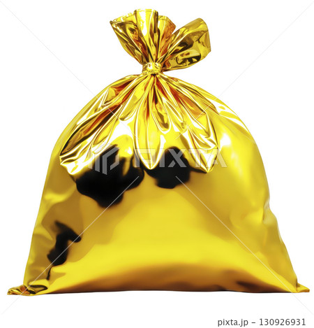 shiny gold garbage bag is tied at top, reflecting light and creating luxurious appearance. bag metallic sheen contrasts with its utilitarian purpose, adding touch of glamour shiny gold garbage bag is tied at top, reflecting light and creating luxurious appearance. bag metallic sheen contrasts with its utilitarian purpose, adding touch of glamour 130926931