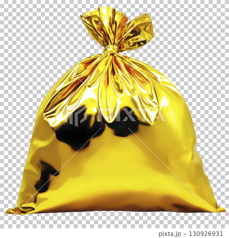 shiny gold garbage bag is tied at top, reflecting light and creating luxurious appearance. bag metallic sheen contrasts with its utilitarian purpose, adding touch of glamour shiny gold garbage bag is tied at top, reflecting light and creating luxurious appearance. bag metallic sheen contrasts with its utilitarian purpose, adding touch of glamour 130926931