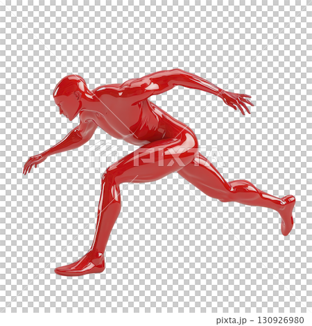 dynamic red sculpture of human figure in running pose, showcasing movement and energy. glossy finish and abstract design highlight form and motion 130926980