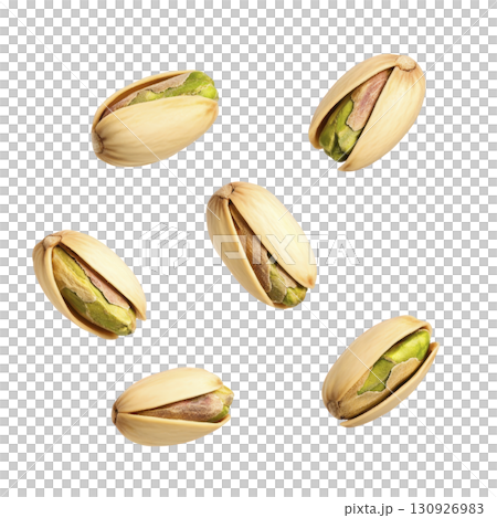 Pistachios isolated on transparency background, showcasing their open shells and vibrant green nuts. arrangement highlights natural texture and color, perfect for culinary use 130926983
