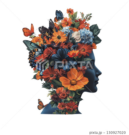 vibrant digital artwork of silhouette adorned with colorful flowers and butterflies, blending nature and human form in creative expression 130927020