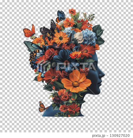 vibrant digital artwork of silhouette adorned with colorful flowers and butterflies, blending nature and human form in creative expression 130927020