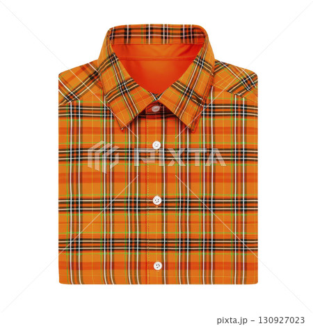 vibrant orange plaid shirt with classic collar and button down design, neatly folded. pattern features intersecting lines in various colors, creating bold and stylish look vibrant orange plaid shirt with classic collar and button down design, neatly folded. pattern features intersecting lines in various colors, creating bold and stylish look 130927023