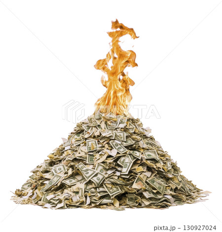pile of money is engulfed in flames, symbolizing financial loss or waste. burning cash creates dramatic and intense visual, highlighting themes of economic crisis or reckless spending 130927024