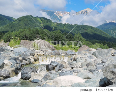 長野県　松川の流れと白馬連峰　8月 130927126
