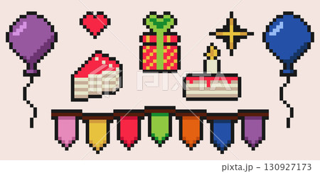 Birthday y2k pixel elements. Retro style 8 bit balloons, bunting flag, birthday cake and gift 130927173