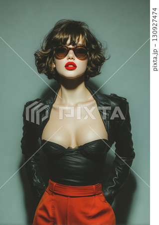 強いまなざしとレザーコーデが印象的な女性ファッションモデルのクールポートレート 130927474