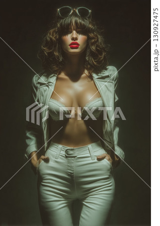 強いまなざしとレザーコーデが印象的な女性ファッションモデルのクールポートレート 130927475