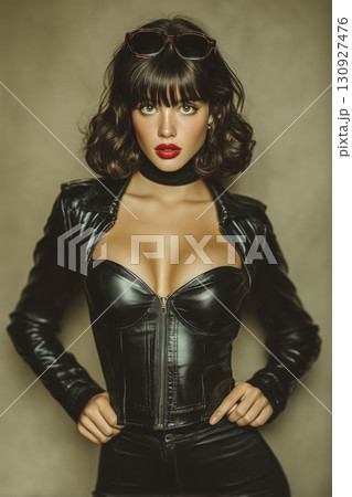 強いまなざしとレザーコーデが印象的な女性ファッションモデルのクールポートレート 130927476