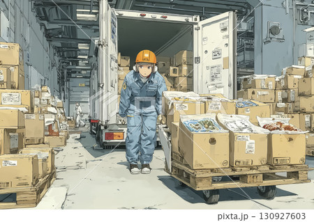 食品物流 冷蔵倉庫で台車を使う美優 130927603