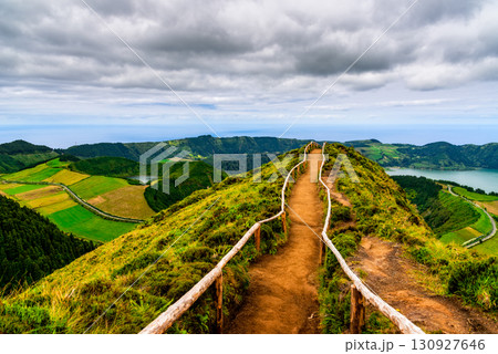 Hiking trail leading to a breathtaking view in Sao Miguel Island, Azores, Portugal 130927646