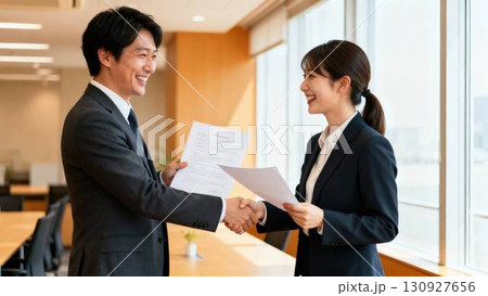 契約書を交わし握手するビジネスパーソン 130927656