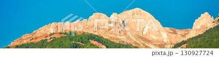 Mountain landscape with clear blue sky on a sunny day. Mountains of the Dolomites. Thought Tyrol, Italy Europe. Horizontal banner Mountain landscape with clear blue sky on a sunny day. Mountains of the Dolomites. Thought Tyrol, Italy Europe. Horizontal banner 130927724