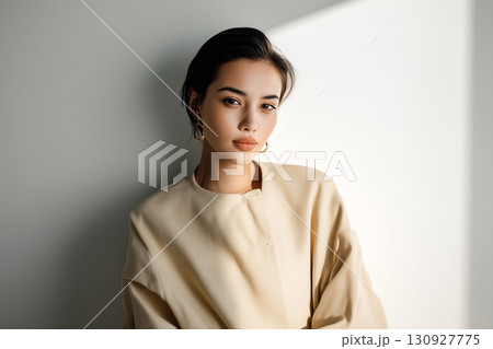 ミニマルな光と影に佇む女性モデルのナチュラルポートレート 130927775
