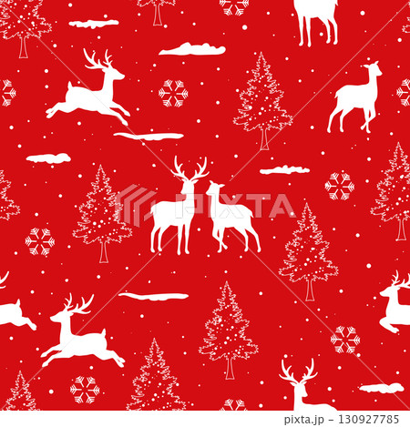 Winter holiday seamless pattern with cute cartoon deers family on red background,Perfect for fabric,textile,wallpaper and all print 130927785