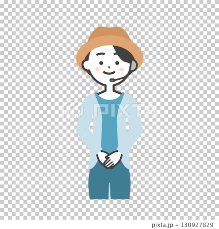 Illustration of a female host of a summer outdoor event with her hands clasped in front of her 130927829