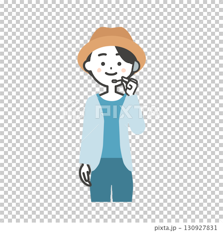 Illustration of a female host of a summer outdoor event with an intercom 130927831