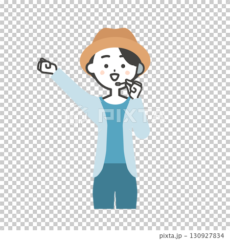 ガッツポーズをする夏の屋外イベント司会者の女性イラスト 130927834