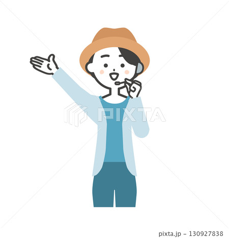 手で上のほうを指す夏の屋外イベント司会者の女性イラスト 130927838