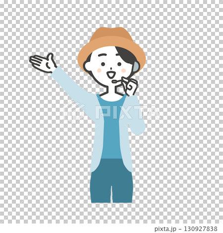 手で上のほうを指す夏の屋外イベント司会者の女性イラスト 130927838