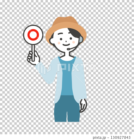 Illustration of a female host of a summer outdoor event holding a correct answer card 130927843