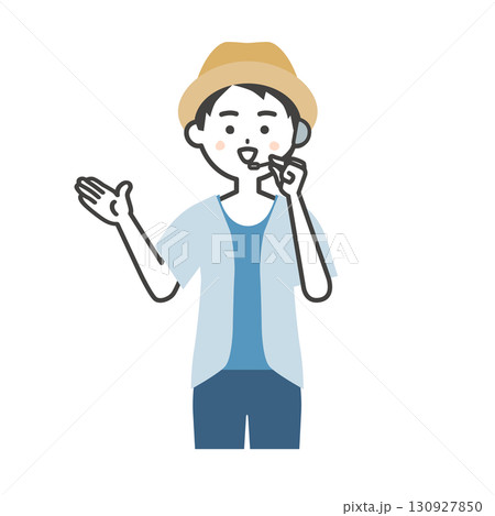 手を指す夏の屋外イベント司会者の男性イラスト 130927850