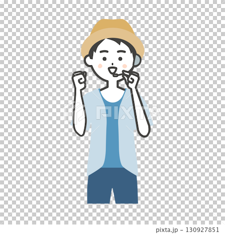 Illustration of a male host of a summer outdoor event doing a fist pump 130927851