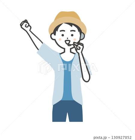 ッツポーズをする夏の屋外イベント司会者の男性イラスト 130927852