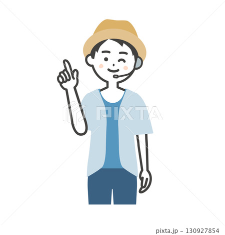 ウインクしながら指を立てる夏の屋外イベント司会者の男性イラスト 130927854