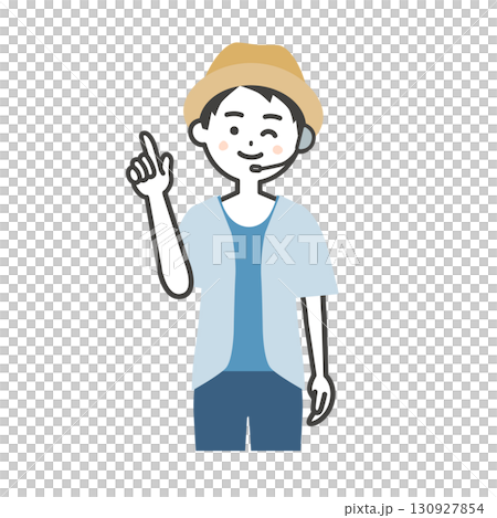 Illustration of a male host of a summer outdoor event winking and pointing up 130927854