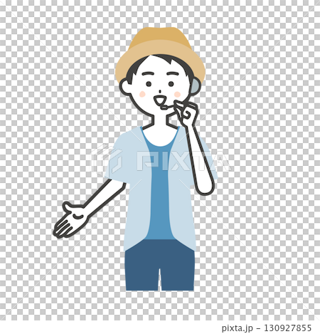 Illustration of a male host of a summer outdoor event pointing downwards 130927855