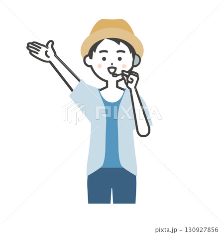 手で上のほうを指す夏の屋外イベント司会者の男性イラスト 130927856