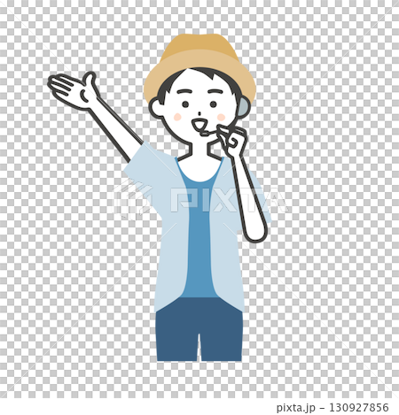 手で上のほうを指す夏の屋外イベント司会者の男性イラスト 130927856