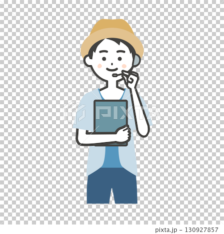 Illustration of a male host of a summer outdoor event holding documents 130927857