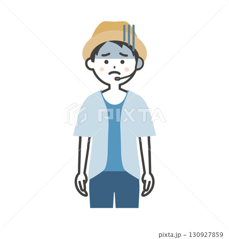 どんよりした表情の夏の屋外イベント司会者の男性イラスト 130927859