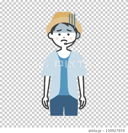 どんよりした表情の夏の屋外イベント司会者の男性イラスト 130927859