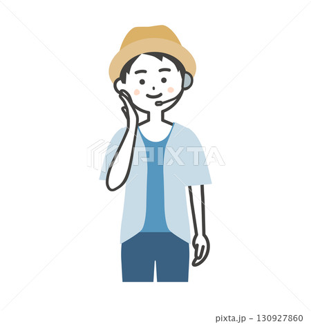 ほっぺに手を当てる夏の屋外イベント司会者の男性イラスト ほっぺに手を当てる夏の屋外イベント司会者の男性イラスト 130927860