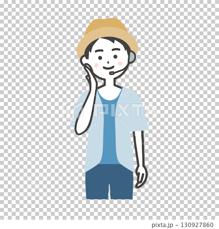 Illustration of a male host of a summer outdoor event with his hand on his cheek 130927860